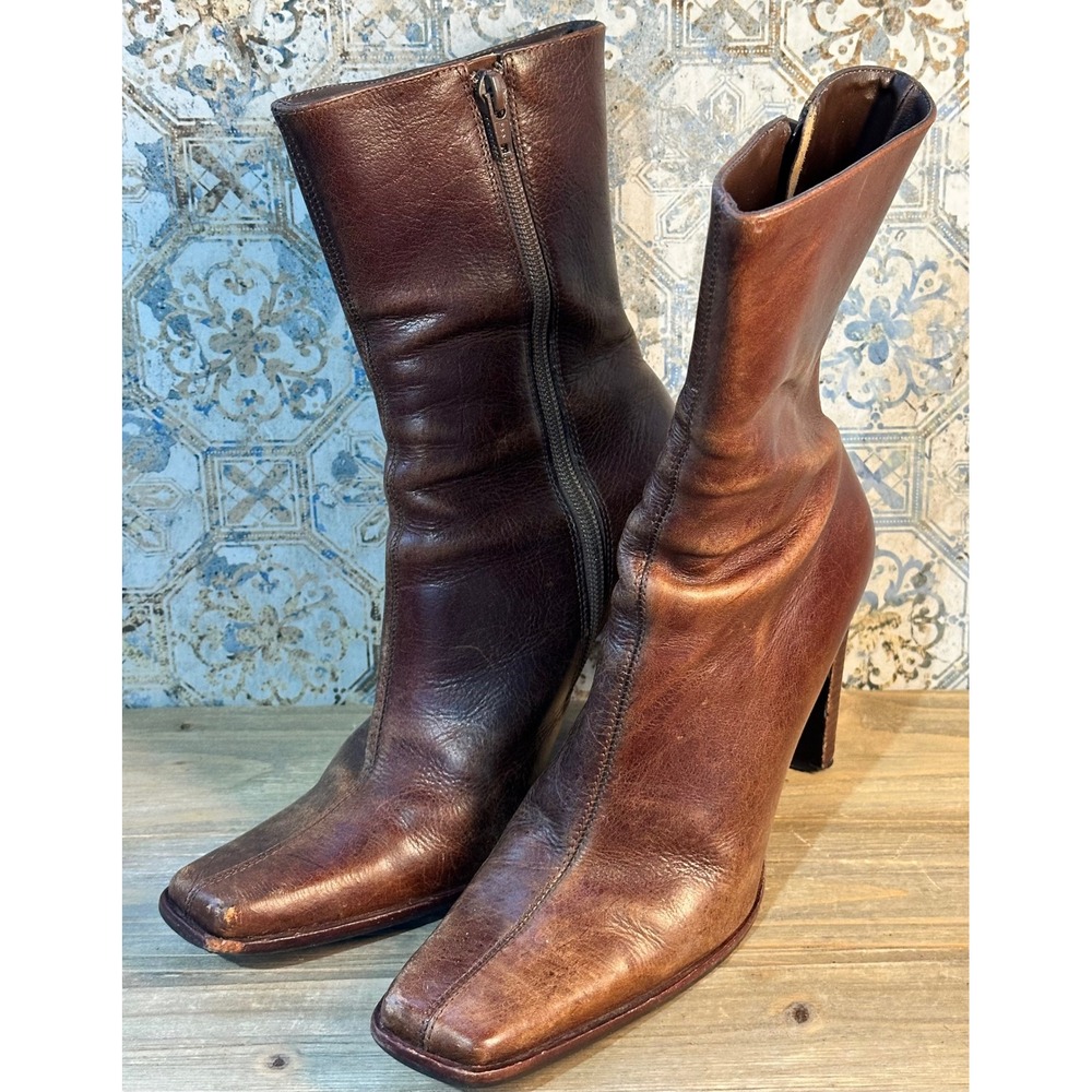 Nine West Mid Calf Square Toe Block Heel Boots Womens 7.5 Brown Business